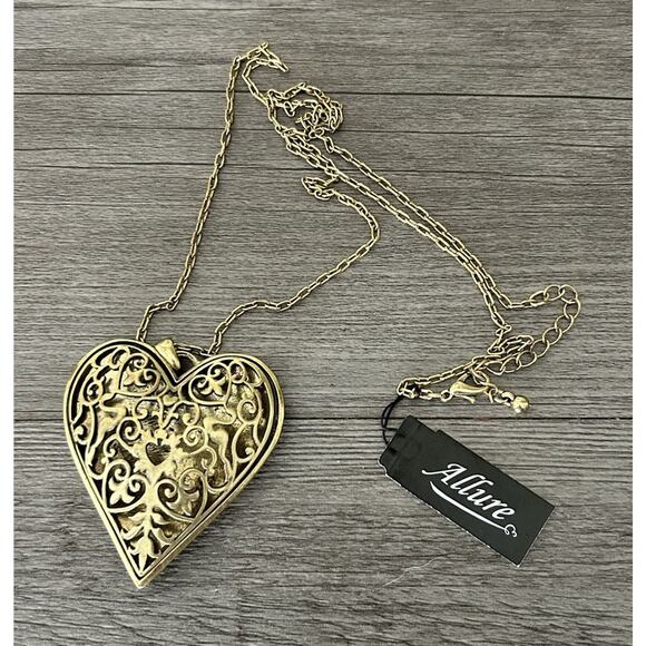 Lovely Gold Tone Puffy Scroll Heart Necklace By Allure. Measures 26” - Picture 2 of 3